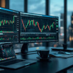 Estação de trabalho moderna com múltiplos monitores exibindo gráficos de ações de empresas de tecnologia para investimento em 2026