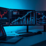 Mesa de trabalho moderna com múltiplos monitores exibindo gráficos de ações de tecnologia em alta para 2026