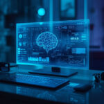 Mesa moderna com display holográfico mostrando inteligência artificial, smartphone dobrável, óculos de realidade aumentada e smartwatch futurista representando as tecnologias de 2026