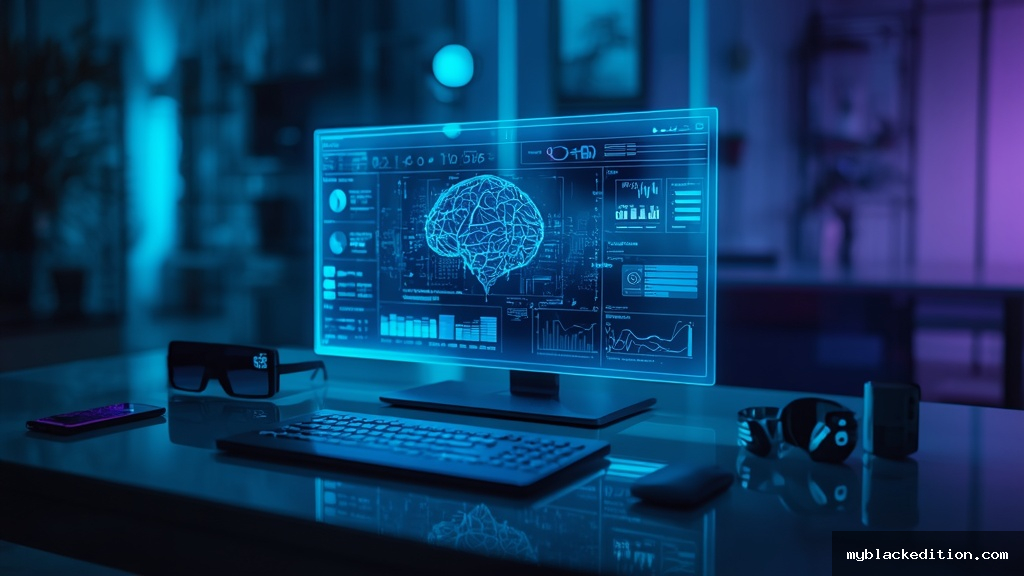 Mesa moderna com display holográfico mostrando inteligência artificial, smartphone dobrável, óculos de realidade aumentada e smartwatch futurista representando as tecnologias de 2026