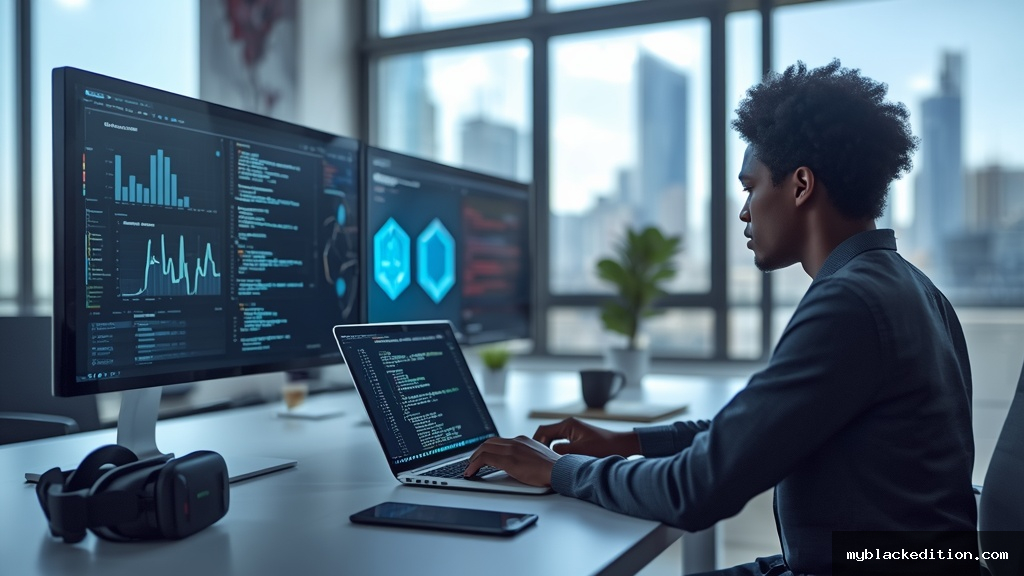 Profissional de tecnologia trabalhando em laptop com códigos e dashboards de inteligência artificial em escritório moderno