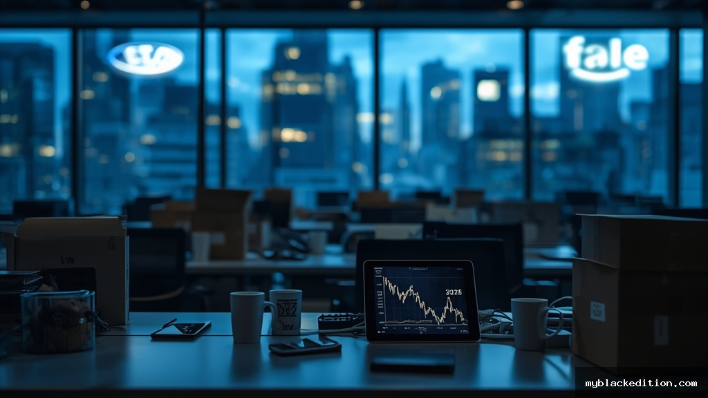 Escritório corporativo de tecnologia vazio ao entardecer com mesas abandonadas, caixas de pertences pessoais e gráfico de queda em tablet representando demissões em 2026