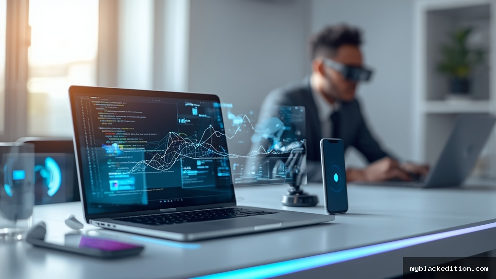 Profissional de tecnologia trabalhando em laptop com visualizações de inteligência artificial e dados holográficos em escritório moderno