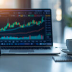 Mesa de escritorio moderna com laptop exibindo graficos de ETF de hardware tecnologico em alta e chip semicondutor ao lado