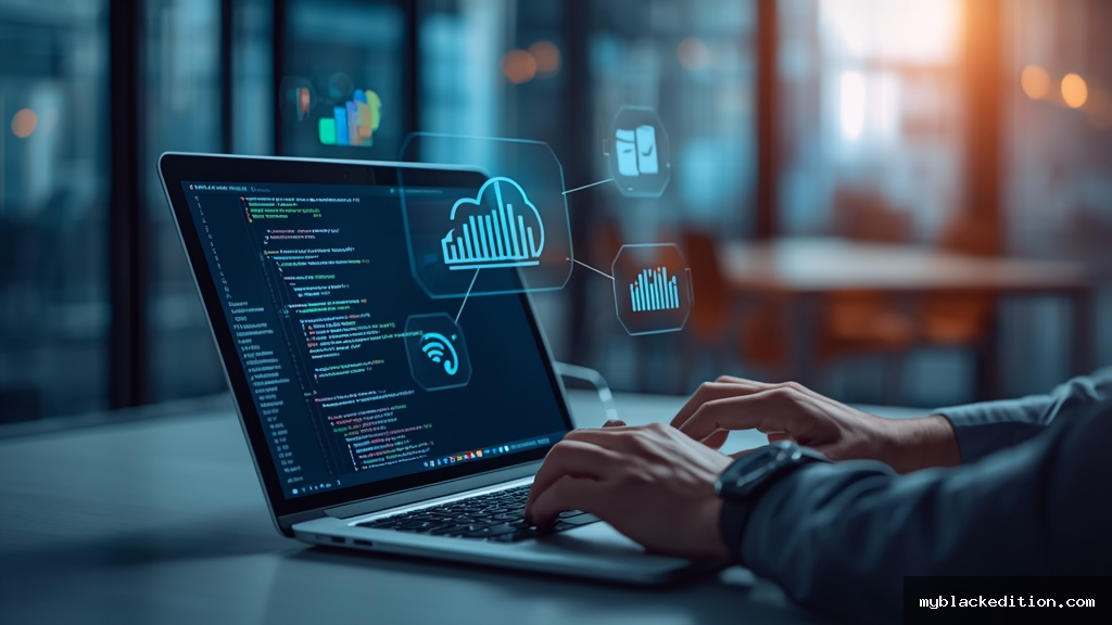 Profissional trabalhando em laptop com ícones holográficos de IA, nuvem e cibersegurança representando habilidades tecnológicas para 2026