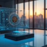 Laboratorio futurista com hologramas de inteligencia artificial, computacao quantica e dispositivos tecnologicos avancados representando as inovacoes de 2026