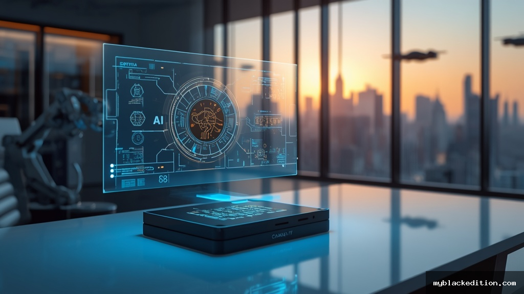 Laboratorio futurista com hologramas de inteligencia artificial, computacao quantica e dispositivos tecnologicos avancados representando as inovacoes de 2026