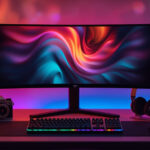 Setup moderno de criador de conteúdo de tecnologia com monitor ultrawide exibindo canal do YouTube e gadgets premium sobre mesa minimalista