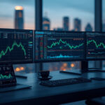 Mesa de investidor com monitores exibindo gráficos de ETFs de tecnologia e tendências de mercado para 2026