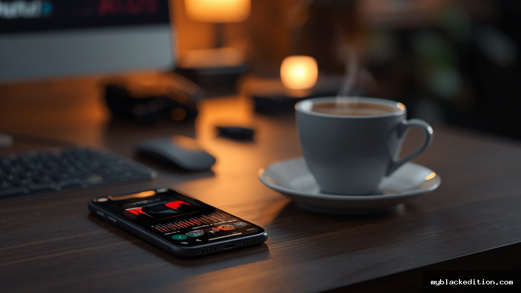 Fones de ouvido sem fio sobre mesa de madeira ao lado de smartphone exibindo aplicativo de podcast de tecnologia
