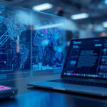 Estação de trabalho futurista com display holográfico exibindo redes neurais de IA e circuitos de computação quântica em 2026