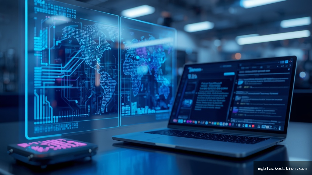 Estação de trabalho futurista com display holográfico exibindo redes neurais de IA e circuitos de computação quântica em 2026