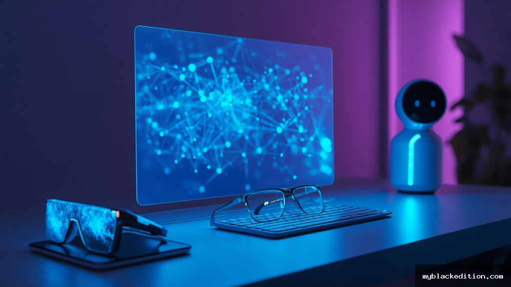 Mesa de trabalho futurista com display holográfico mostrando inteligência artificial, smartphone dobrável e óculos de realidade aumentada em 2026