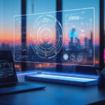 Estação de trabalho futurista com display holográfico, óculos de realidade aumentada e robô assistente mostrando tendências tecnológicas de 2026