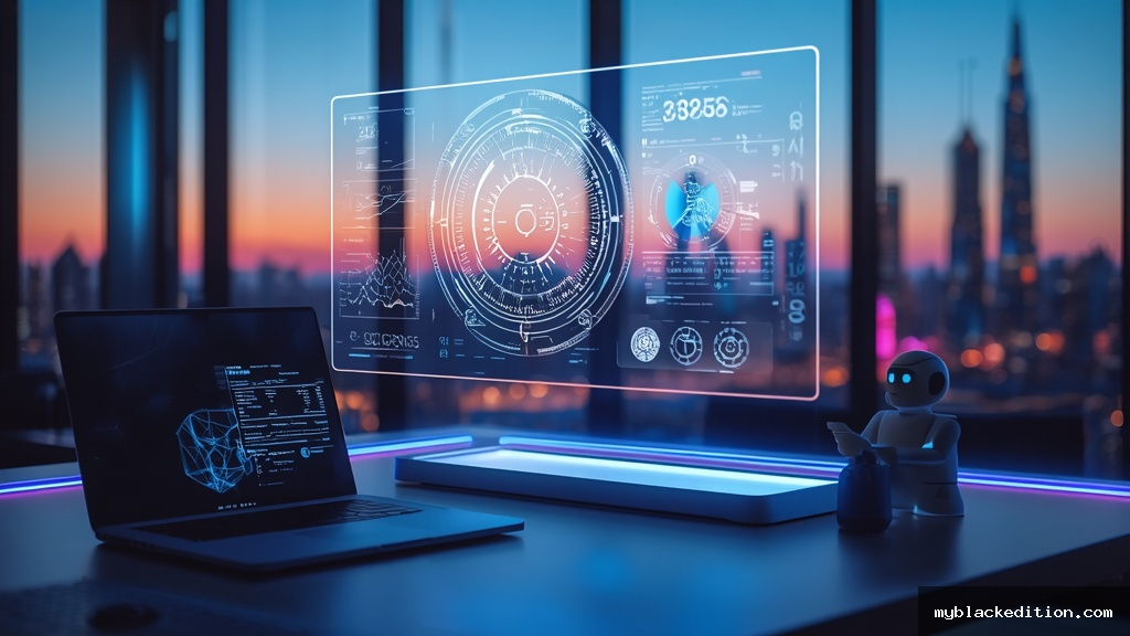 Estação de trabalho futurista com display holográfico, óculos de realidade aumentada e robô assistente mostrando tendências tecnológicas de 2026