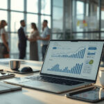 Mesa moderna de startup com laptop mostrando gráficos financeiros, tablets e empreendedores colaborando ao fundo, representando oportunidades de financiamento em tecnologia para 2026