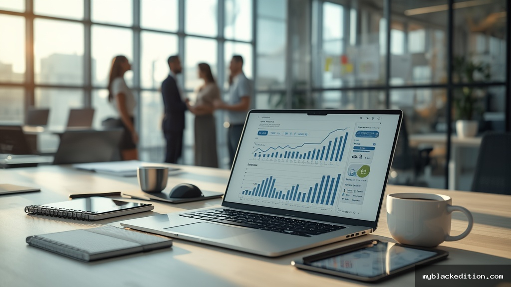 Mesa moderna de startup com laptop mostrando gráficos financeiros, tablets e empreendedores colaborando ao fundo, representando oportunidades de financiamento em tecnologia para 2026
