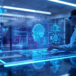 Cientista usando óculos de realidade aumentada interage com hologramas de inteligência artificial e computação quântica em laboratório futurista de pesquisa tecnológica em 2026
