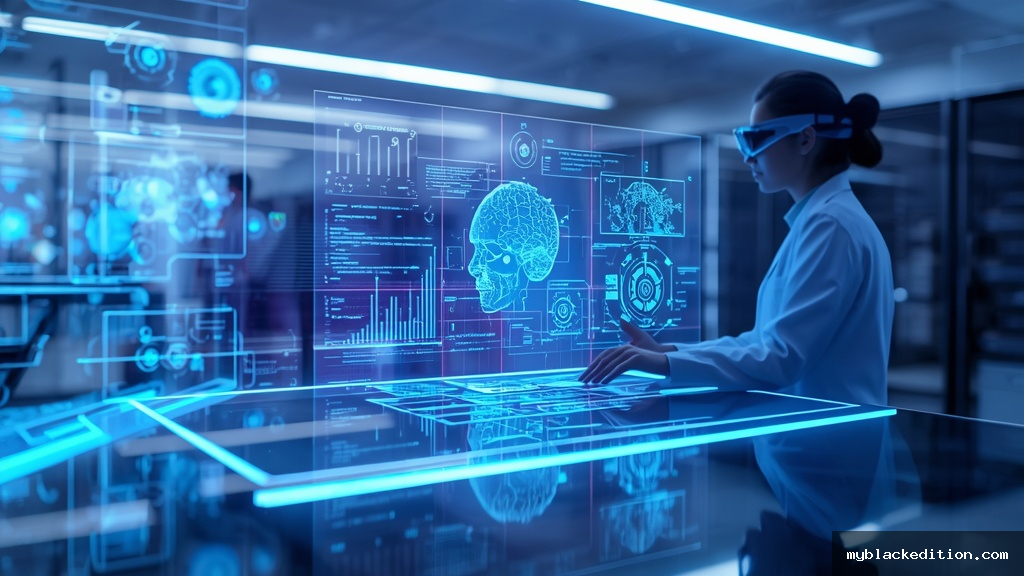 Cientista usando óculos de realidade aumentada interage com hologramas de inteligência artificial e computação quântica em laboratório futurista de pesquisa tecnológica em 2026