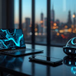 Mesa de trabalho moderna com laptop dobrável transparente, óculos de realidade aumentada, smartphone holográfico e assistente de IA representando as inovações tecnológicas de 2026