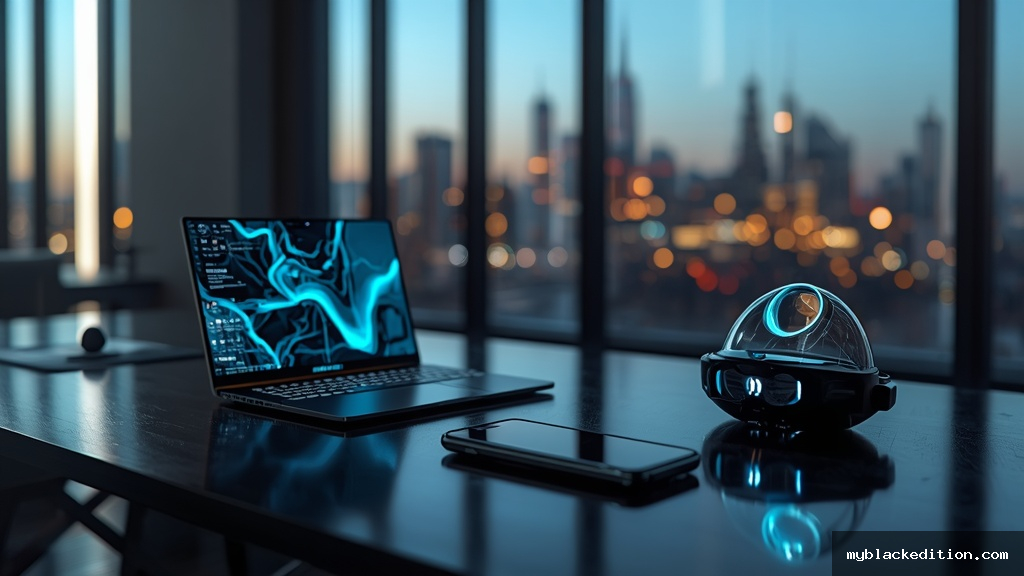 Mesa de trabalho moderna com laptop dobrável transparente, óculos de realidade aumentada, smartphone holográfico e assistente de IA representando as inovações tecnológicas de 2026