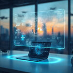 Mesa moderna com display holográfico mostrando inteligência artificial e dados futuristas representando a revolução tecnológica de 2026