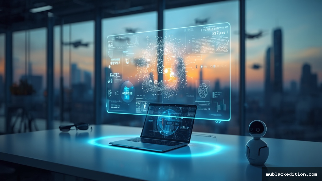 Mesa moderna com display holográfico mostrando inteligência artificial e dados futuristas representando a revolução tecnológica de 2026