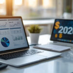 Mesa de escritório moderna com laptop exibindo formulários de subsídios tecnológicos para pequenas empresas em 2026