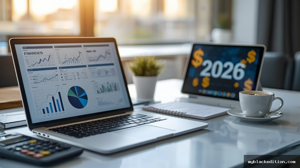 Mesa de escritório moderna com laptop exibindo formulários de subsídios tecnológicos para pequenas empresas em 2026