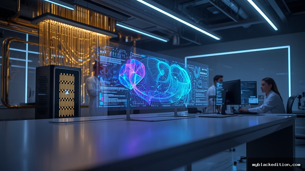 Laboratório futurista com computador quântico dourado e telas holográficas exibindo inteligência artificial em 2026