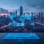 Cidade inteligente futurista com ondas de sinal 6G conectando arranha-céus e veículos autônomos em 2026