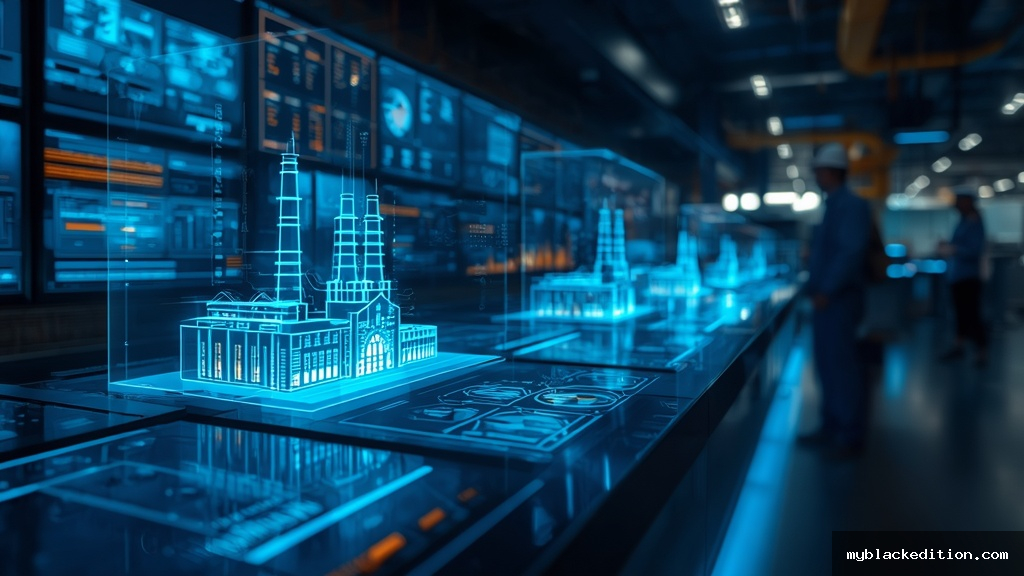 Sala de controle industrial moderna com hologramas 3D de gêmeos digitais representando uma fábrica inteligente conectada à Indústria 4.0