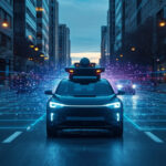 Veículo autônomo com sensor LiDAR escaneando uma cidade futurista com feixes de laser e nuvem de pontos 3D