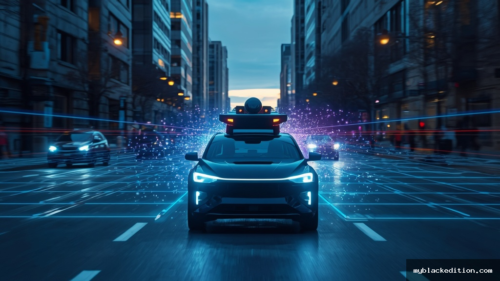 Veículo autônomo com sensor LiDAR escaneando uma cidade futurista com feixes de laser e nuvem de pontos 3D