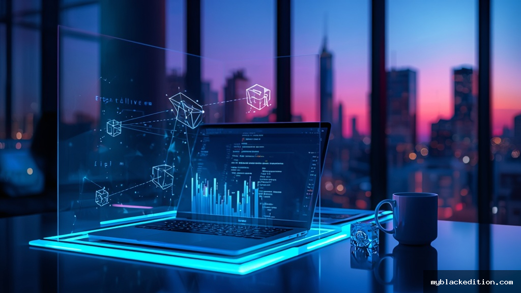 Mesa de escritório futurista com display holográfico mostrando blocos de blockchain interconectados e gráficos de criptomoedas em laptop