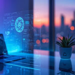 Escritório futurista com display holográfico mostrando dados de inteligência artificial e computação quântica ao lado de planta sustentável