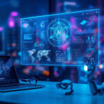 Estação de trabalho futurista com hologramas de inteligência artificial e dashboards representando as tendências do setor de tecnologia em 2026
