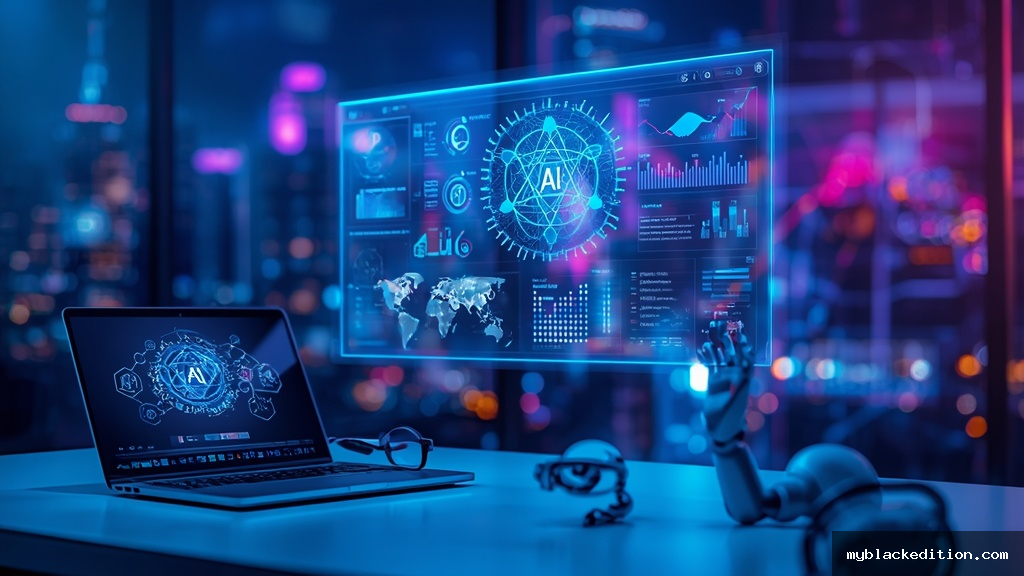 Estação de trabalho futurista com hologramas de inteligência artificial e dashboards representando as tendências do setor de tecnologia em 2026