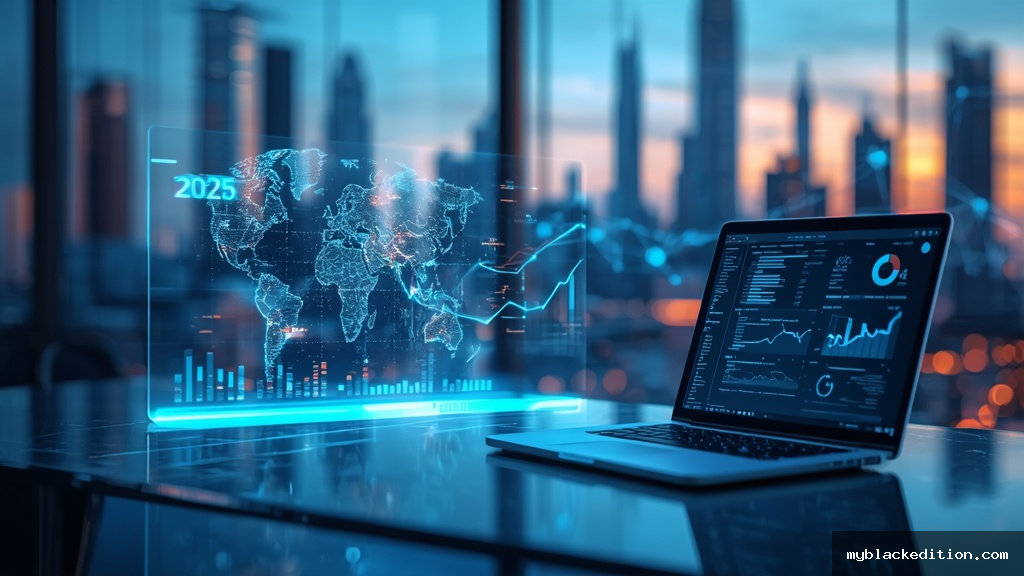 Mesa moderna com display holográfico exibindo gráficos de crescimento tecnológico e inteligência artificial para 2026