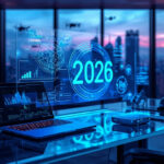 Escritório futurista com display holográfico mostrando inteligência artificial e previsões tecnológicas para 2026