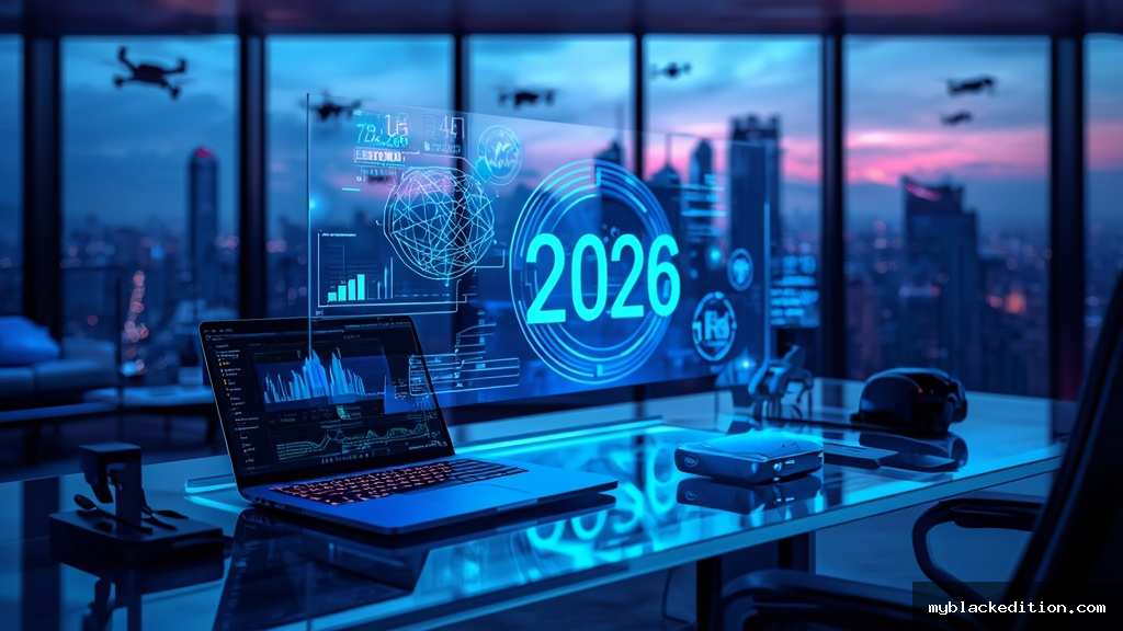Escritório futurista com display holográfico mostrando inteligência artificial e previsões tecnológicas para 2026