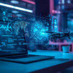 Estação de trabalho futurista com display holográfico exibindo redes neurais de inteligência artificial e mão robótica interagindo com interfaces digitais em 2026