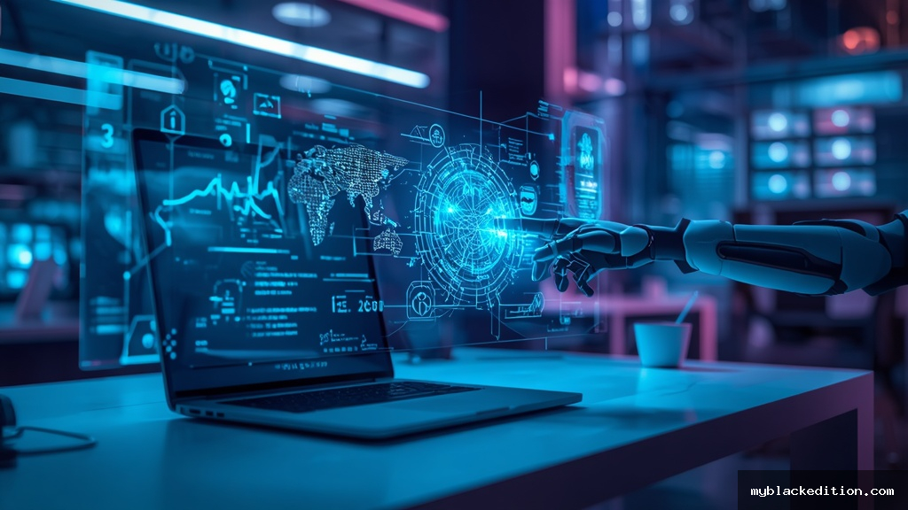 Estação de trabalho futurista com display holográfico exibindo redes neurais de inteligência artificial e mão robótica interagindo com interfaces digitais em 2026