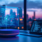 Estação de trabalho futurista com display holográfico exibindo redes neurais e visualizações de dados de inteligência artificial em 2026