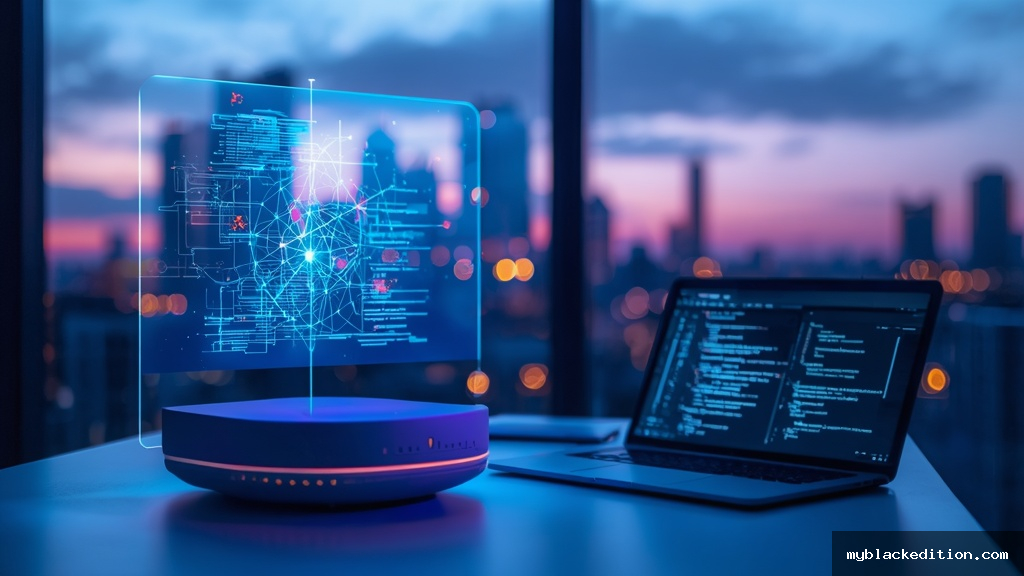 Estação de trabalho futurista com display holográfico exibindo redes neurais e visualizações de dados de inteligência artificial em 2026