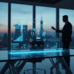 Executivo analisando dashboard holográfico com inteligência artificial e automação em escritório moderno futurista