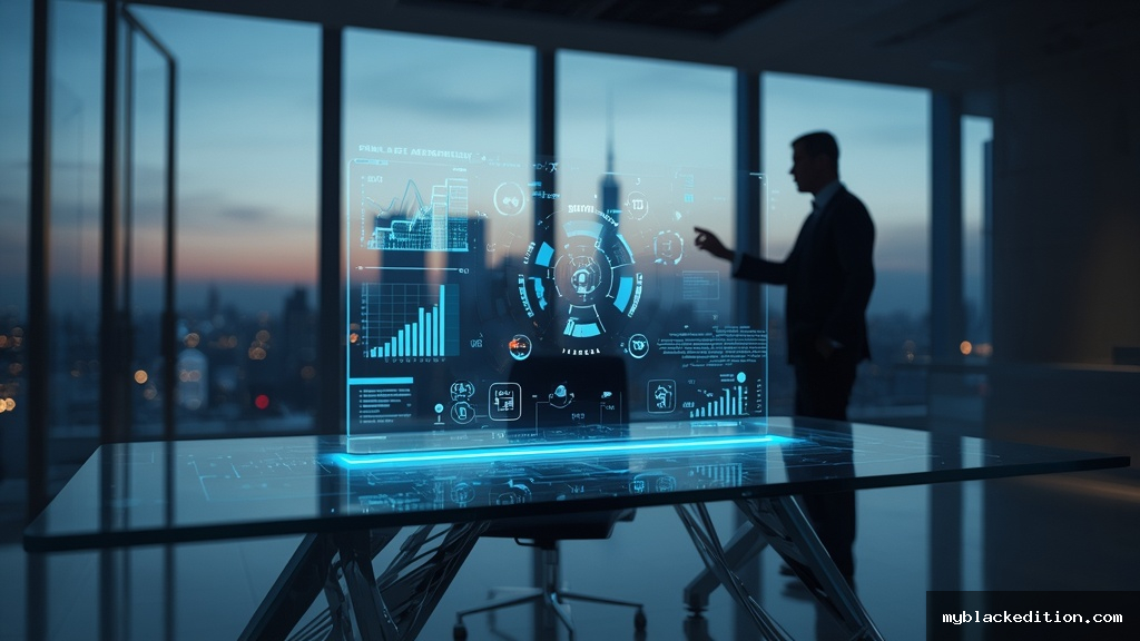 Executivo analisando dashboard holográfico com inteligência artificial e automação em escritório moderno futurista