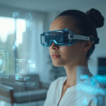 Mulher usando óculos de realidade estendida interagindo com hologramas futuristas em ambiente moderno