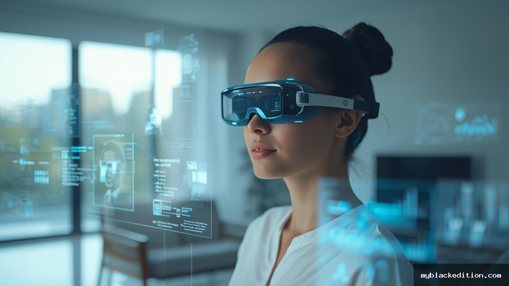 Mulher usando óculos de realidade estendida interagindo com hologramas futuristas em ambiente moderno