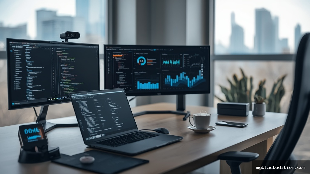 Escritório moderno em casa com laptop, monitores ultrawide e ambiente preparado para trabalho remoto em tecnologia em 2026